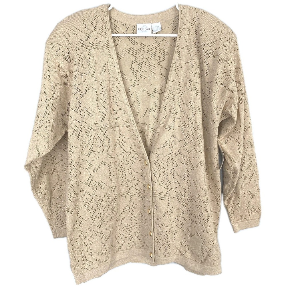 Vtg. First Issue V Neck Cardigan Sweater Womens L Gold Buttons Open Knit NWT